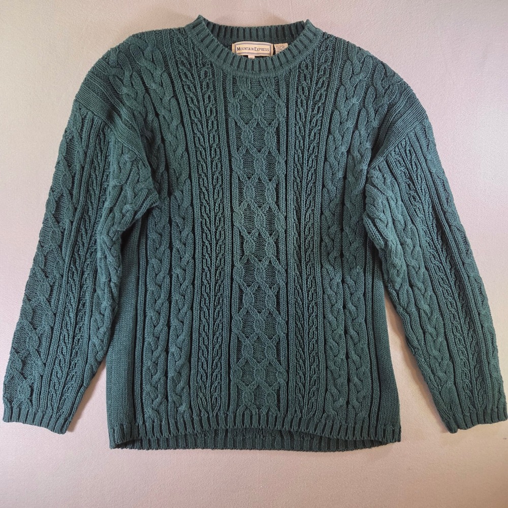 Vtg Mountain Express Mens XL Forest Green Cable Knit Sweater Ramie Cotton Chunky
